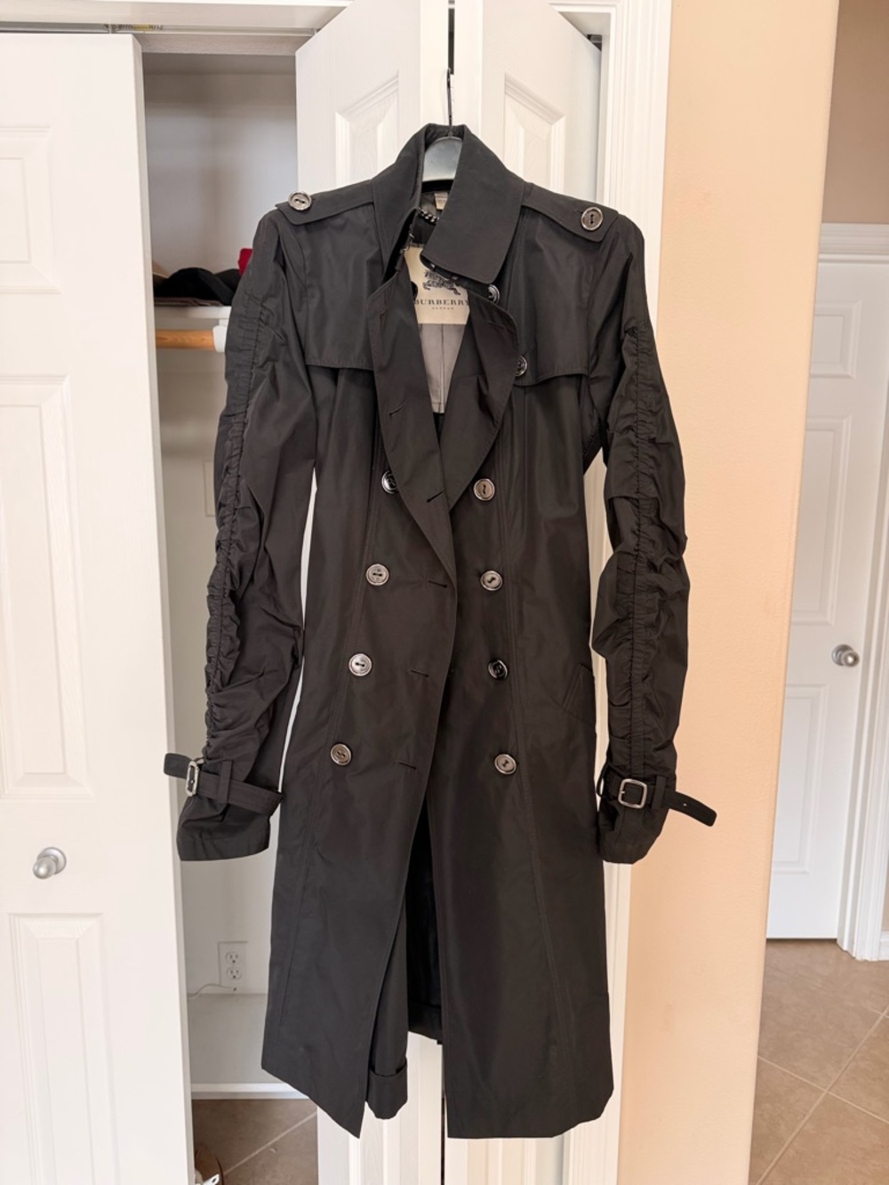 Burberry Black Ruched-Sleeve Double-Breasted Trench Coat